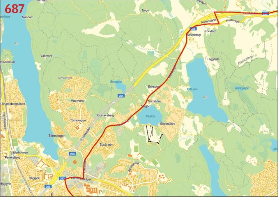 75(83) Figur 16 Föreslagen ny linjesträckning för linje 687, alternativ 1 Linje 660 Vallentuna station västra Ormsta Vallentuna station östra Ny linjesträckning övervägs för att täcka upp Gustavslund.