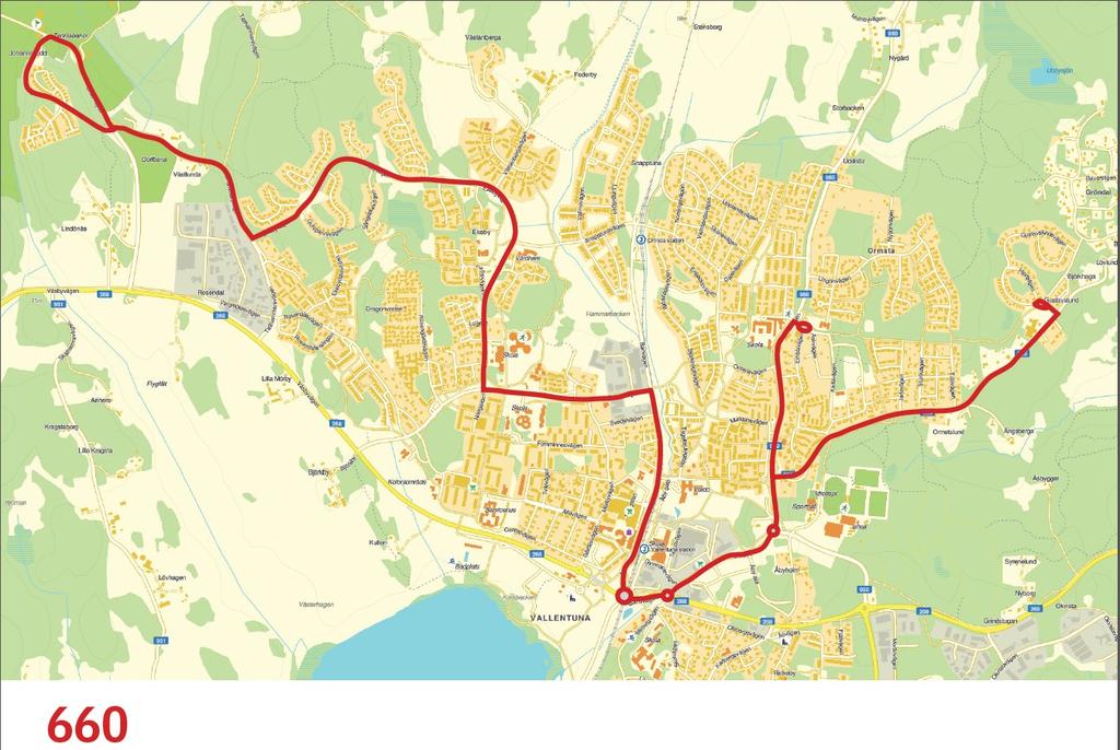 78(83) Figur 19 Föreslagen ny linjesträckning för linje 660, alternativ 2 Linje 665 Vallentuna station Kårsta Linjen övervägs att få förändrad linjestäckning och gå via Vallentuna IP (Hagaskolan).