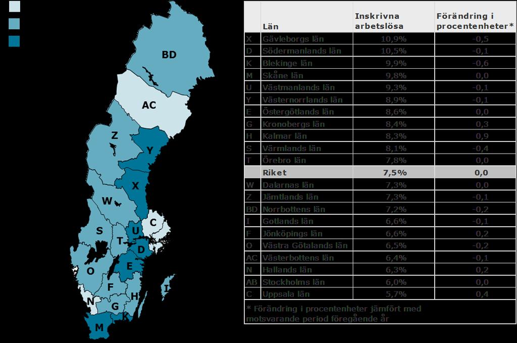 Inskrivna arbetslösa i riket april 2017 som andel (%) av den registerbaserade arbetskraften 16 64 år Fakta om statistiken Arbetsförmedlingens månadspressmeddelanden redovisar myndighetens