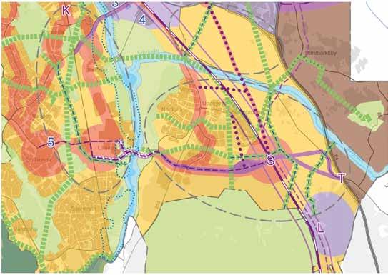 Mark- och vattenanvändning Transportinfrastruktur Figur 40. Kollektivtrafikförbindelse mellan sydvästra stadsdelarna och stationsläge i Bergsbrunna.