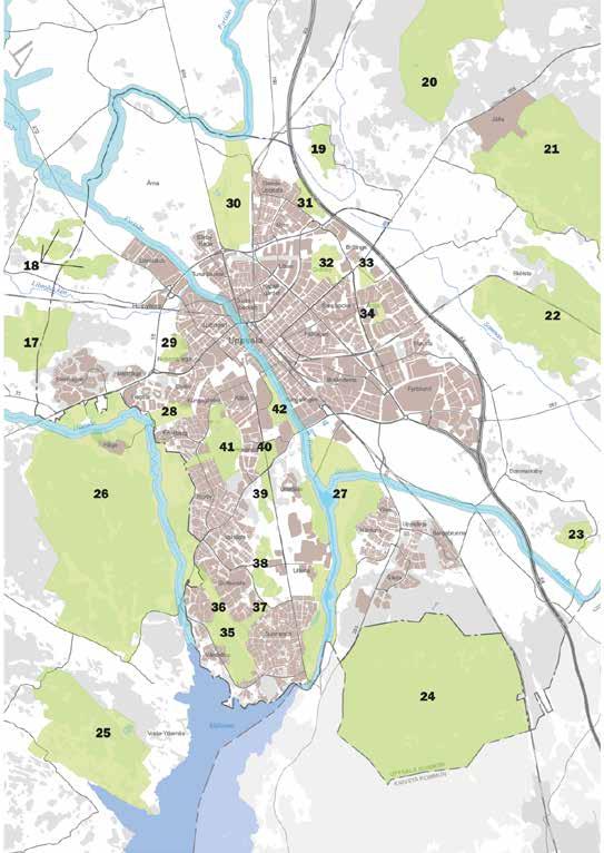 Mark- och vattenanvändning Natur, park och vatten Figur 46. Grönområden i och kring staden utdrag ur plankartan.