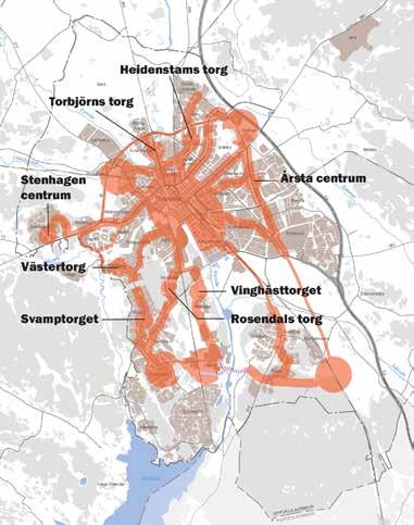 Stadsdelsnod Lokala centrum med stomlinjehållplats för kollektivtrafik Plats för vardagsservice och det lokala stadslivet Hög koncentration av bebyggelse, vardagsservice och bostäder Stadsdelsnoder