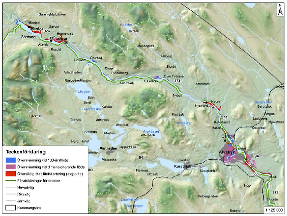 Översvämning vid 100-årsflöde Översvämning vid dimensionerande flöde Översiktlig stabilitetskartering (etapp 1b) Förutsättningar för erosion Huvudväg Riksväg Järnväg Kommungräns FIGUR 11.