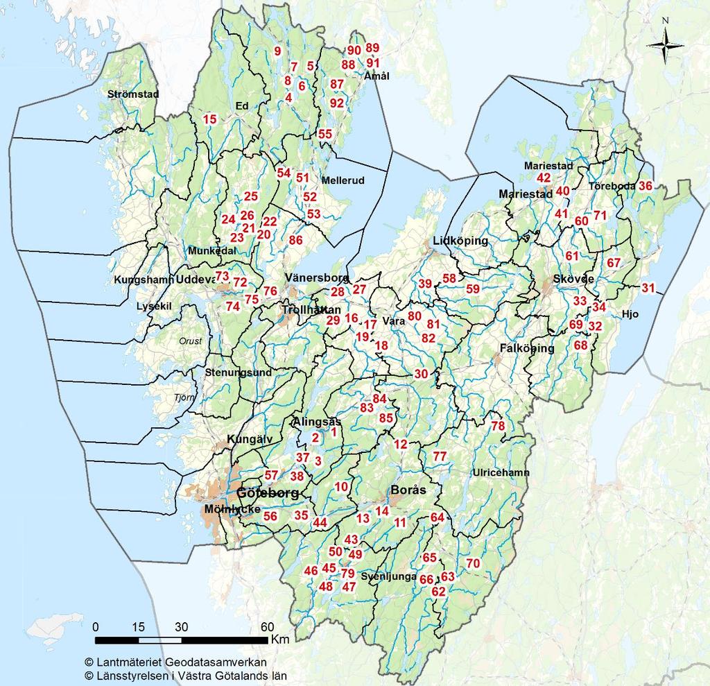 Karta över inventerad vattenkraft i Västra Götaland Förteckning över länets