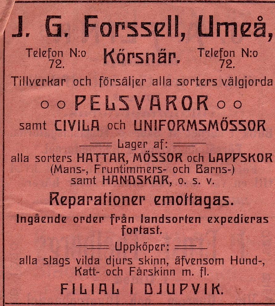 13 Forsell Körsnär, J. G. Trångssund Storgatan Tel. 72 1907 - -- Forsell Johan Gustaf f. 1844 -- Hustru Josefina Euphrosyna f. 1836 Forsells Pelsvaruaffär, J. A.