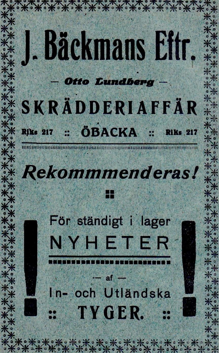 2 Bäckmans Skrädderiaffär, J. Eftr. Öbacka Tel.