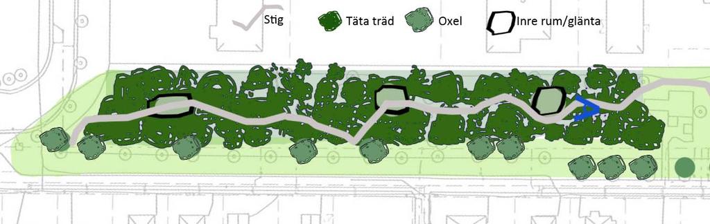 F24: Inzoomning i illustrationsplan - Upplevelsestig. Skala 1:800. Kartan bearbetad av Eleonor Martinsson. Grundar sig på karta från Örebro kommun. B23: Bild före gestaltning, i det täta hässlet.