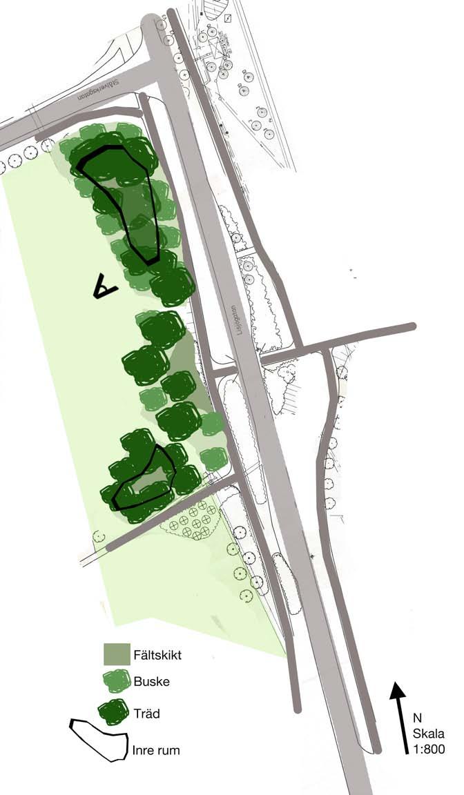 Förslag till utveckling (Lisjögatan) F31: Illustrationsplan för Lisjögatan. Kartan bearbetad av Eleonor Martinsson. Grundar sig på karta från MälArks arkiv.