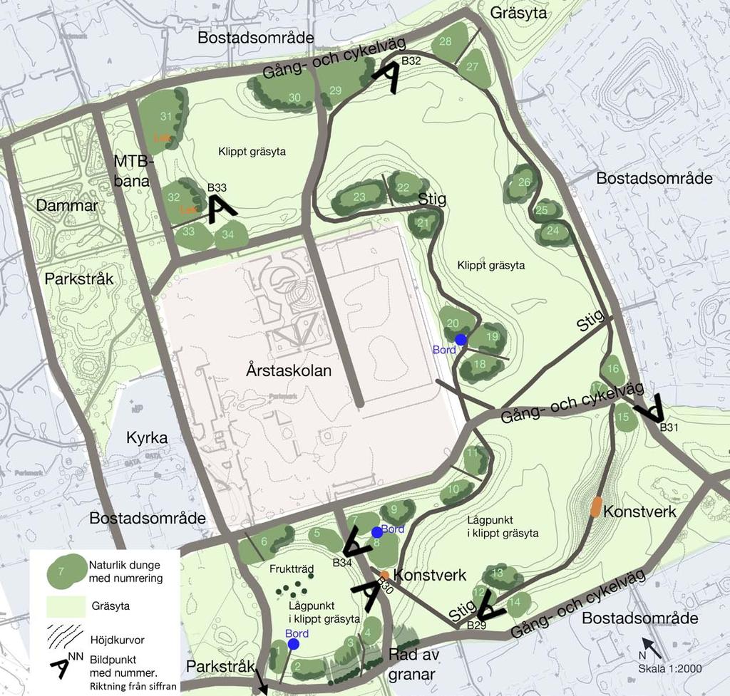 5.4 Årstaparken i Uppsala Inventering Orientering Årstaparken ligger i östra delarna av Uppsala. Parken ligger mellan bostadsområden och är helt avskild från trafik. Mitt i parken ligger Årstaskolan.