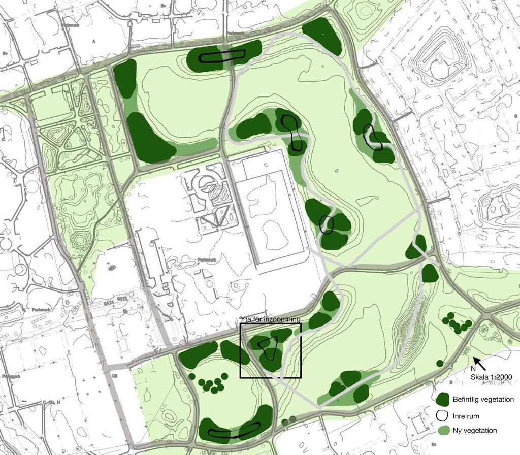 Förslag till utveckling (Årstaparken) Huvudmål med gestaltningen Årstaparkens naturlika karaktär kvarstår och utökas.