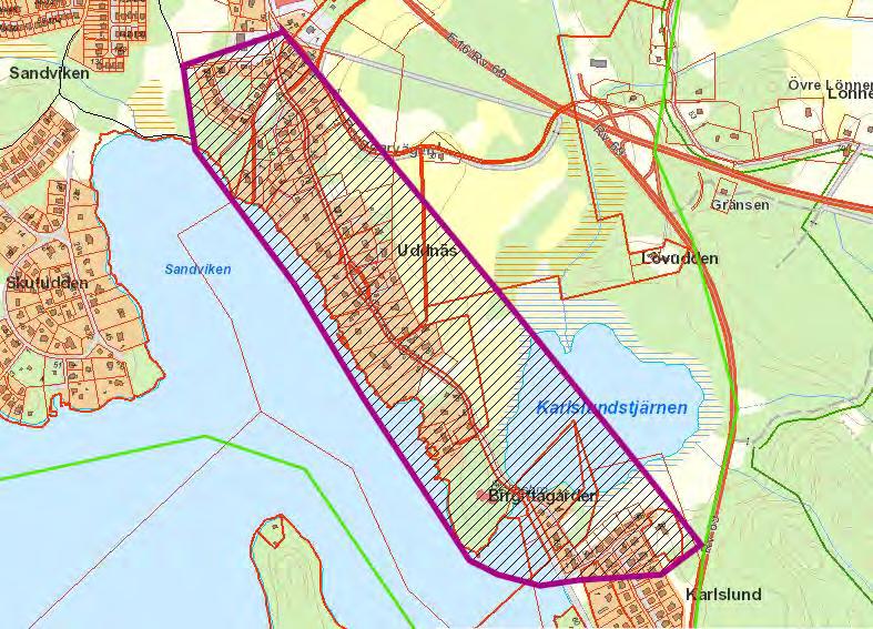 Uddnäs - Karlslund Områdets förutsättningar Beskrivning: Stora villor i nationalromantisk stil. Klostret Birgittagården i den ombyggda villan Skogsudden. Bergsmansgården Karlslund.