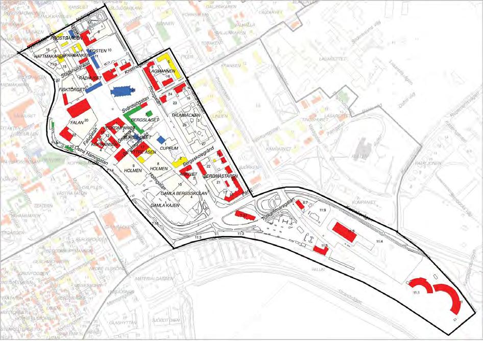 Centrum En rutnätsplan från 1646 utgör grundstrukturen för staden. Runt Stora Torget och längs Åsgatan, Falugatan och Holmgatan ligger äldre offentliga byggnader, institutioner och bostadshus, t.ex.