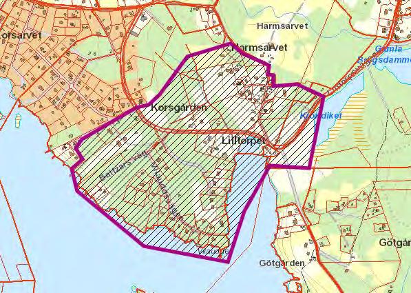 Korsgården Områdets förutsättningar Beskrivning: Den historiska bebyggelsen är uppdelad i två by-delar, med äldre gårdar vars byggnader är från 1700-talet och framåt samt ett äldre vägsystem.