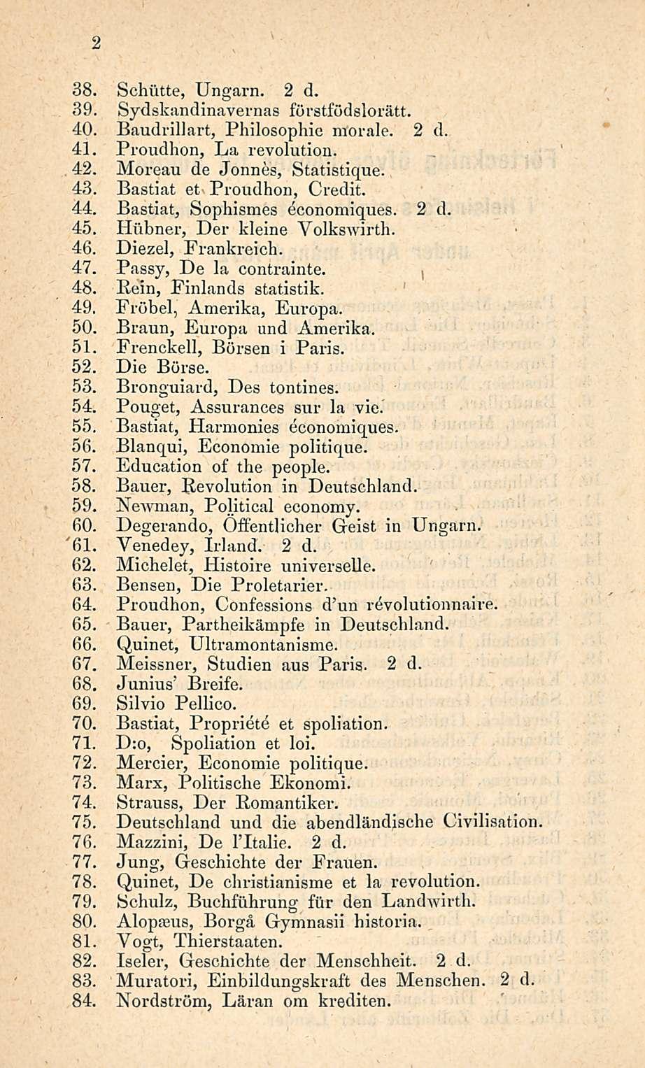 2 38. Selititte, Ungarn. 2 d. 39. Sydskandinavernas förstfödslorätt. 40. Baudrillart, Pliilosophic morale. 2 d. 41. Proudhon, La revolution. 42. Moreau de Jonnes, Statistique. 43.