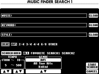 Styles Sök bästa inställning Music inder Search u kan söka inprogrammering efter melodititel eller nyckelord. Resultatet visas i displayen.