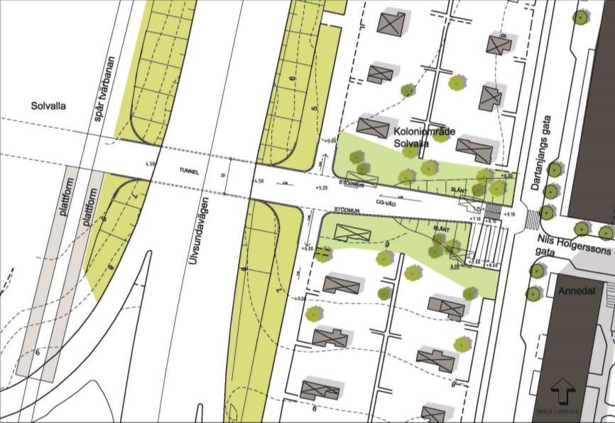 Sida 19 (24) Figur 6. Illustration över möjlig sträckning och utformning av förbindelse mellan Annedal och hållplats Solvalla Tunneln blir ca 30 meter lång och ca 3 meter hög.