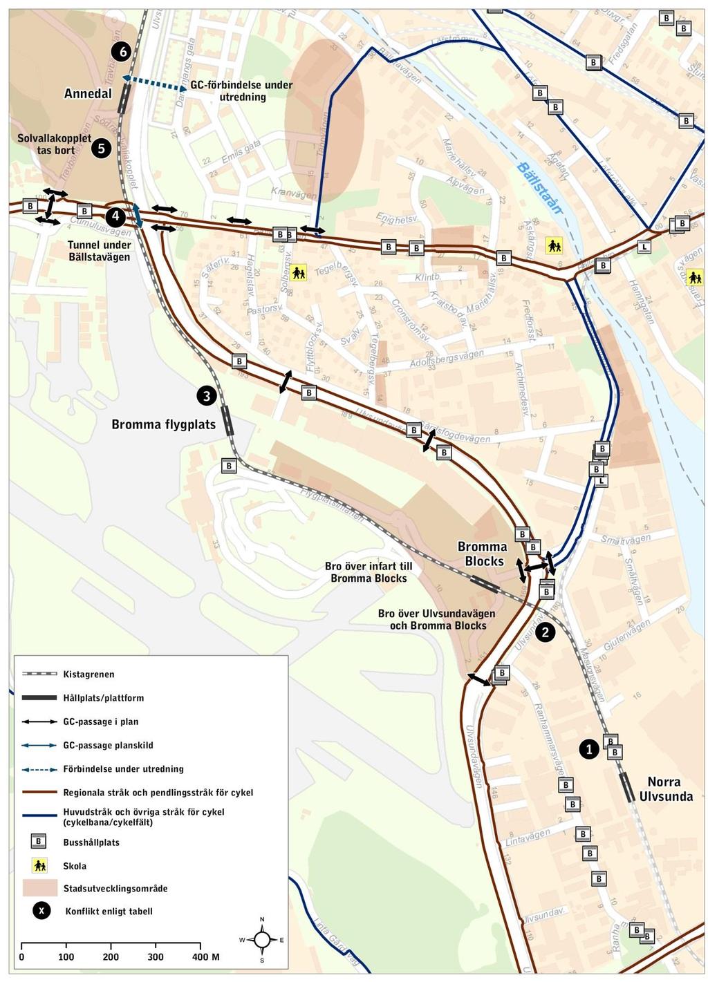 Karta 1 - Kistagrenens konfliktpunkter med andra trafikslag.