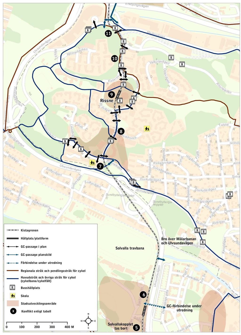 Karta 2 - Kistagrenens konfliktpunkter med andra trafikslag.