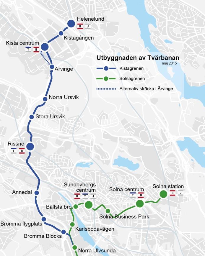 Bild 1 - Föreslagen sträckning av Tvärbana Norr Kistagrenen mellan Norra Ulvsunda och Helenelund. 2.