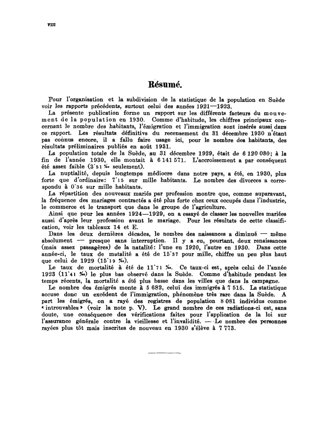 VIII Résumé. Pour l'organisation et la subdivision de la statistique de la population en Suède voir les rapports précédents, surtout celui des années 1921 1923.