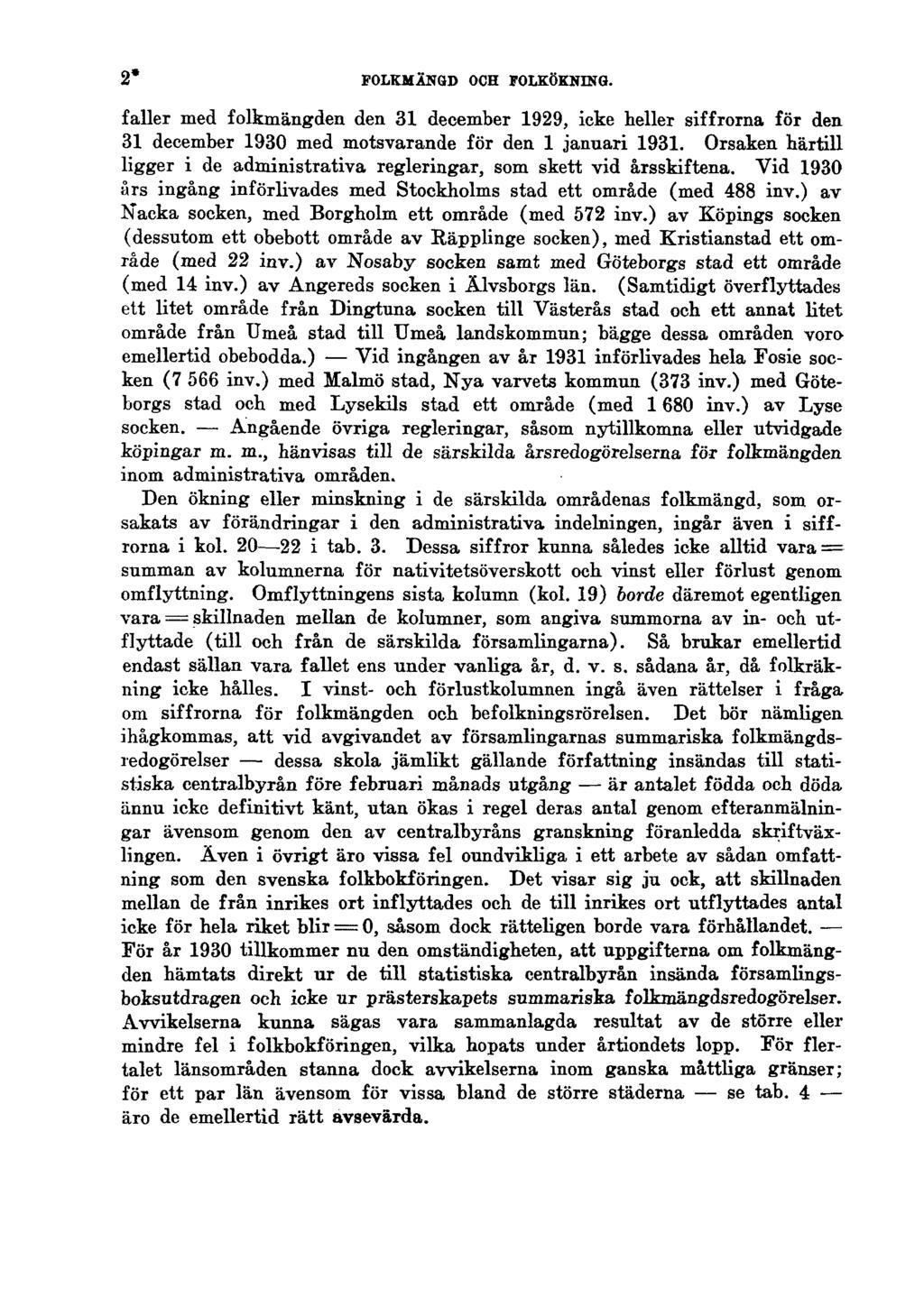 2* FOLKMÄNGD OCH FOLKÖKNING. faller med folkmängden den 31 december 1929, icke heller siffrorna för den 31 december 1930 med motsvarande för den 1 januari 1931.