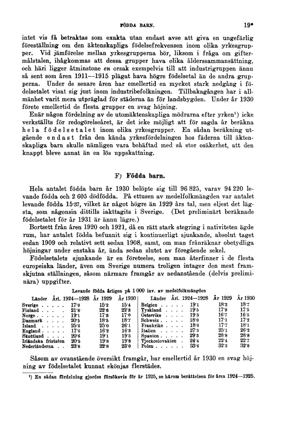 FÖDDA BARN. 19* intet vis få betraktas som exakta utan endast avse att giva en ungefärlig föreställning om den äktenskapliga födelsefrekvensen inom olika yrkesgrupper.