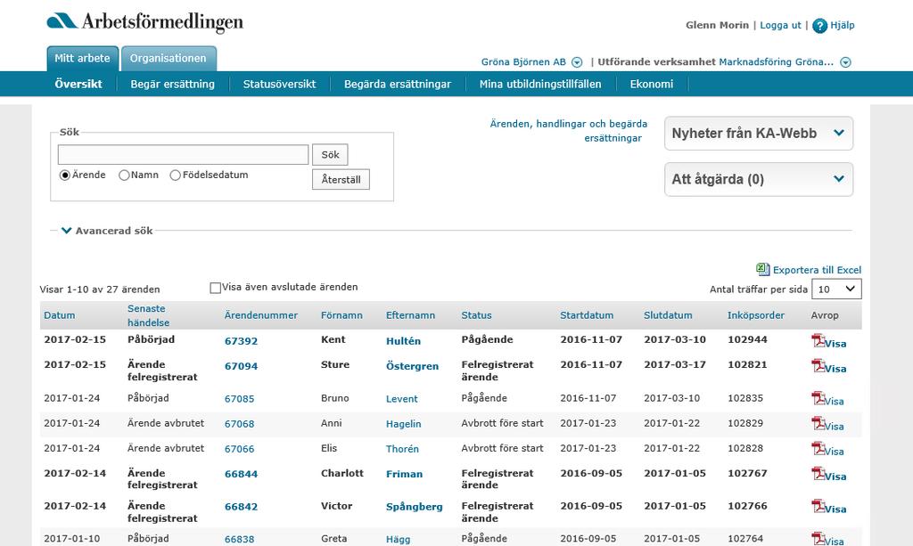 2 Översikt 2.1 Aktuella ärenden Under fliken Mitt arbete>översikt syns de aktuella ärendena på den utförande verksamhet du är inloggad på. Alternativt under fliken Statusöversikt.