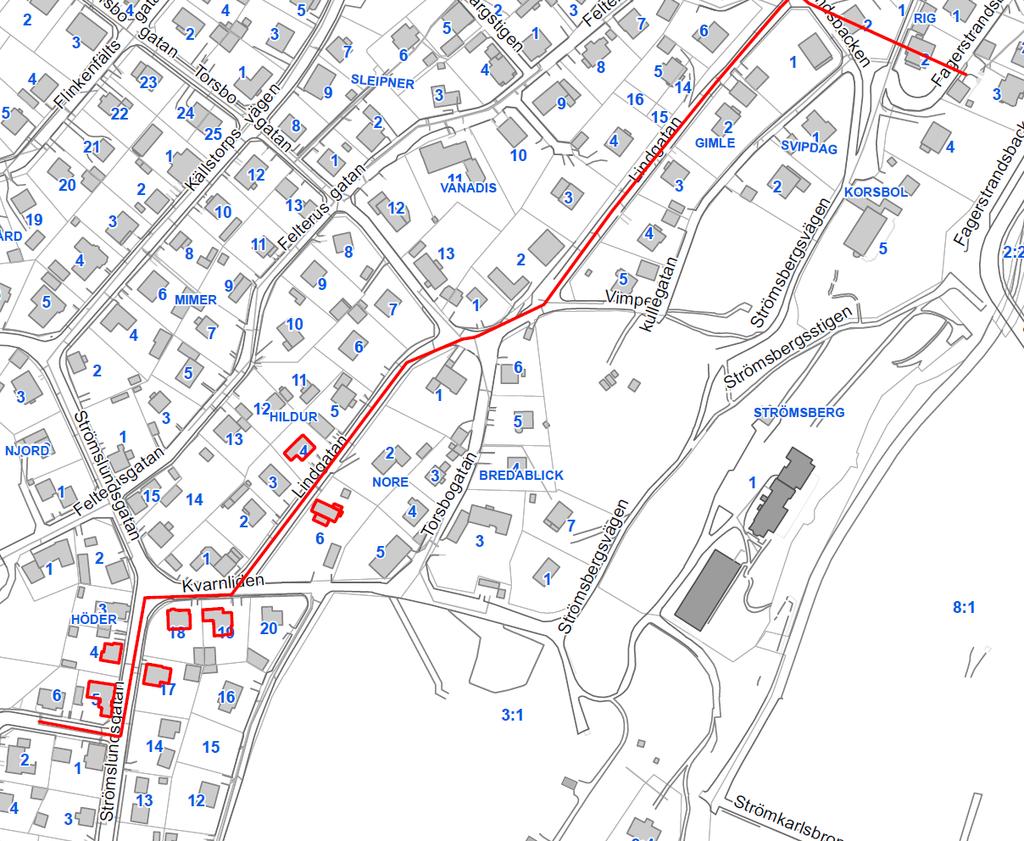 8.1 Fastigheterna Höder 4-5, Heimdall 17-19, Hildur 4 och Nore 6 Figur 8 Ledningssträcka 1 i Strömslund (röd