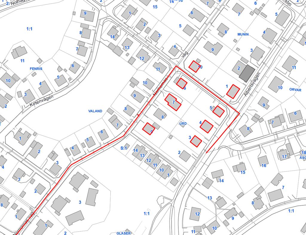 8.4 Fastigheterna Urd 3-7 och 9, samt Munin 1 och 10 Figur 14 Ledningssträcka 4 i Strömslund (röd sträcka