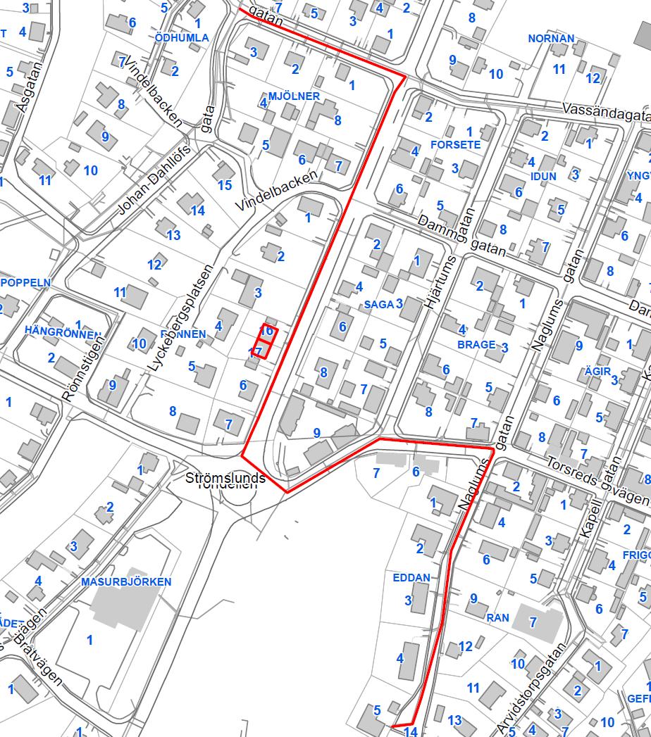 8.10 Fastigheterna Rönnen 16 och 17 Figur 26 Ledningssträcka 10 i Strömslund (röd sträcka avser