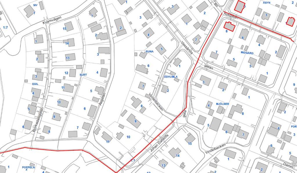 8.12 Fastigheterna Åsyn 1 och 5, samt Midgård 8 Figur 30 Ledningssträcka 12 i Strömslund (röd sträcka