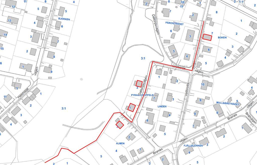 8.14 Fastigheterna Pyramidpoppeln 1 och 2, samt Almen 3 och Boken 7 Figur 34 Ledningssträcka 14 i Strömslund södra