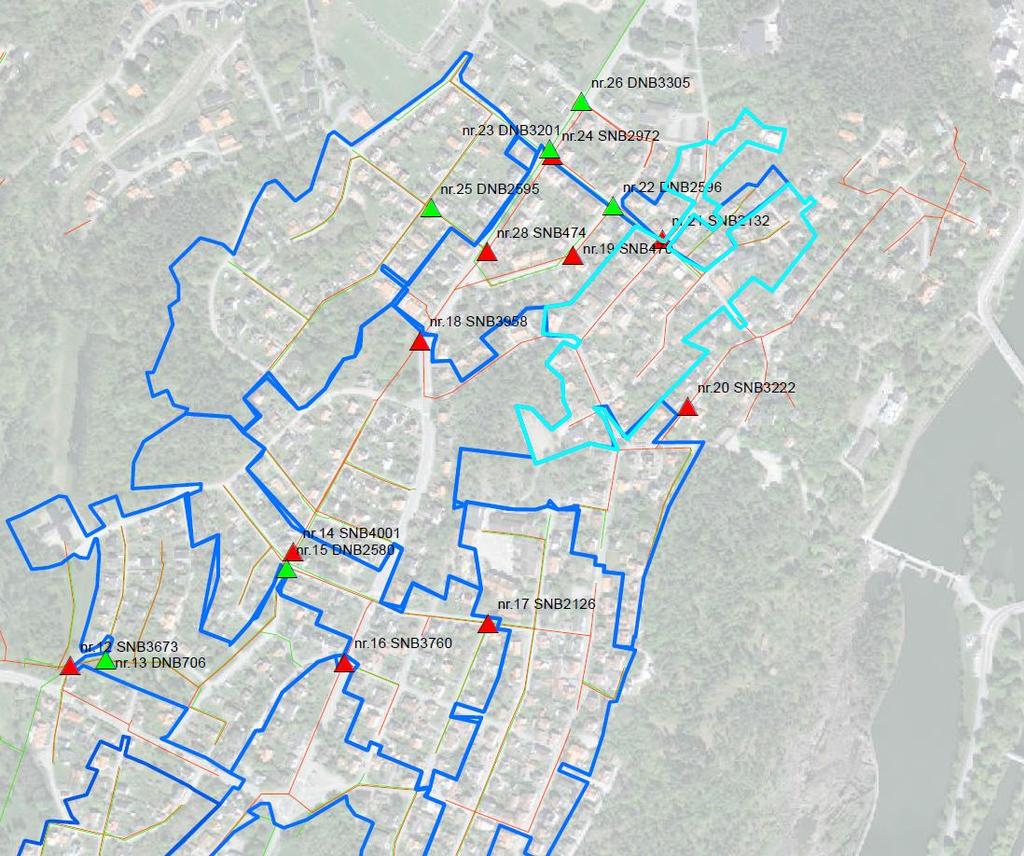 I följande figurer visas avrinningsområdena för den hydrauliska modellen över Strömslunds avloppssystem i Trollhättan.