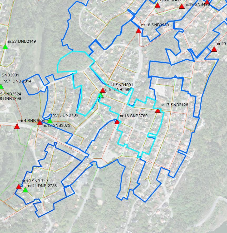 Figur 38 Avrinningsområdet till mätpunkt innan brädd vid DNB2580 (ljusblå linje), med beräknad belastande