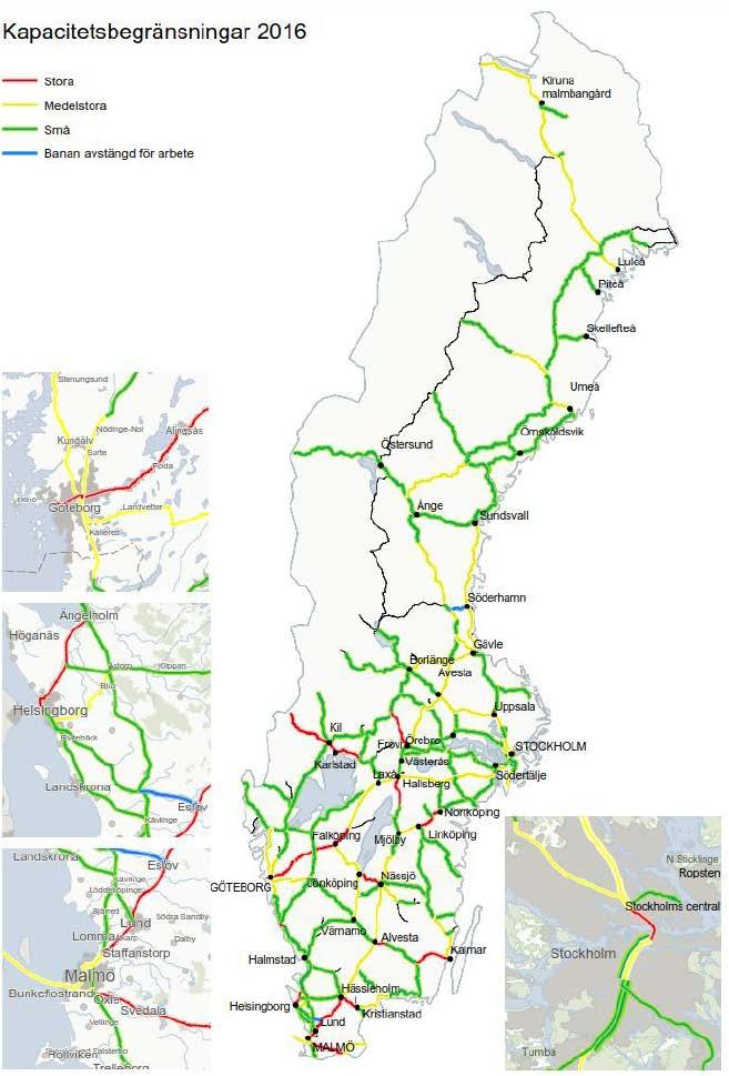 Figur 2.2: Kapacitetsbegränsningar i järnvägssystemet 2016.