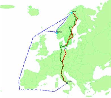 De två korridorerna är: - Oslo - Rotterdam via Göteborg - Narvik - Neapel. För respektive korridor har rutter valts ut för väg, järnväg och sjöfart (se figur 4.1).