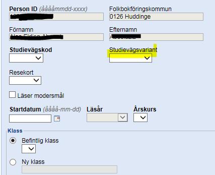 Studievägsvariant Studievägskod skrivs alltid in när eleven registreras i UEDB i vissa fall används Studievägsvariant vid registrering av elev som en upplysning till folkbokföringskommunen Den peng