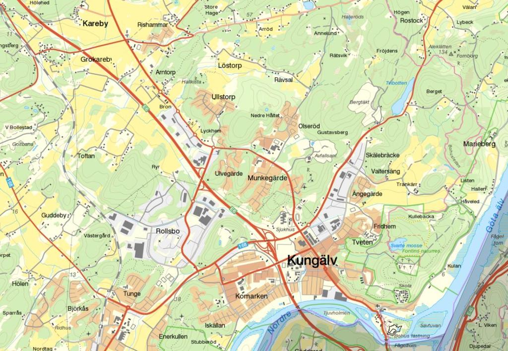 spån, och släppte ut cirka 25 ton NOx under 2015. Skälebräcke kross nordöst om centrum släppte under 2014 ut runt 36 ton NOx. [8] Figur 1 Kungälv centralort med omnejd Karta: Kungälvs kommun.