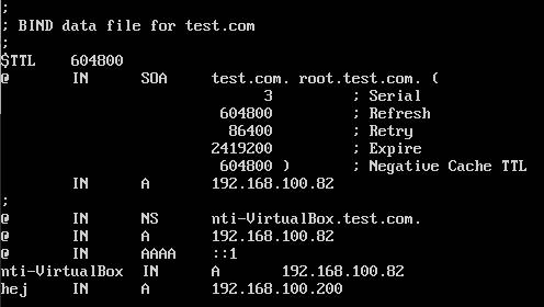 7. Nästa steg blir att kopiera en befintlig zonfil som vi ska använda som mall för vår domän. sudo cp /etc/bind/db.local /etc/bind/db.test.com 8.