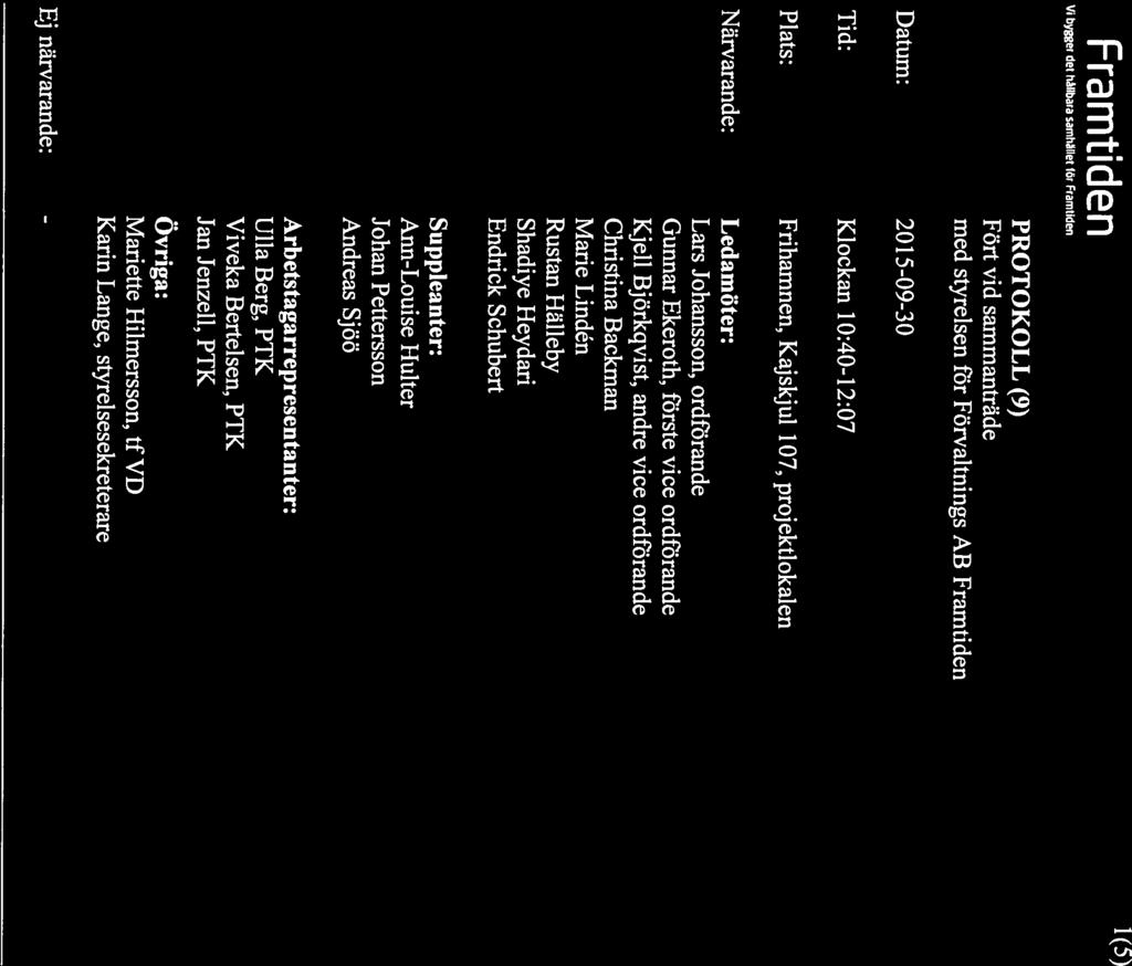 10:20, Framtiden Vi bger det hiibara samhallet for Framtiden 1(5) Datum: 201 5-09-30 PROTOKOLL (9) Fört vid sammanträde med styrelsen för Förvaltnings AB Framtiden Tid: Klockan 10:40-12:07 Plats: