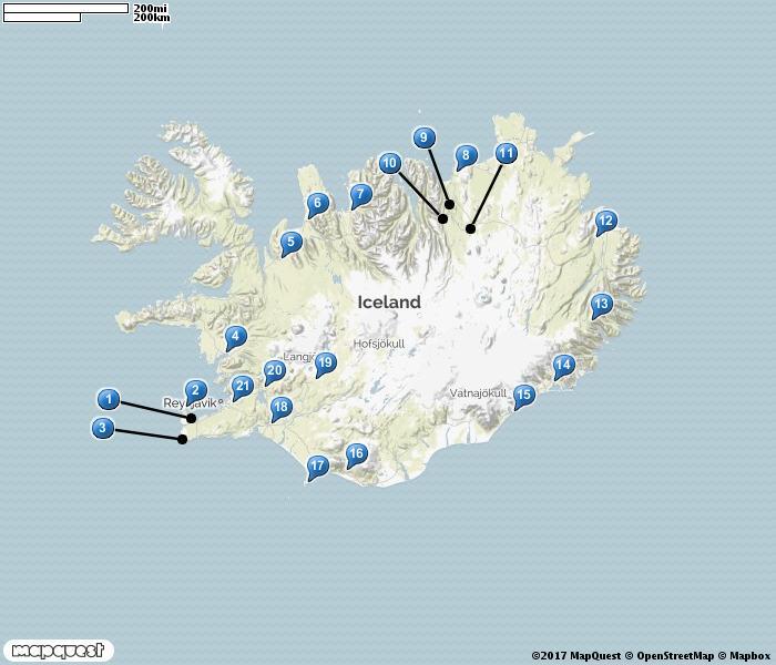 1. Keflavik 2. Gardur 3. Reykjanesta 4. Borgarnes 5. Gauksmyri 6. Blönduós 7. Heradsvatn östra utlopp 8. Húsavík 9. Vestmannsvatn 10. Godafoss 11. Mývatn 12. Svartiskogur 13. Road 939 14.