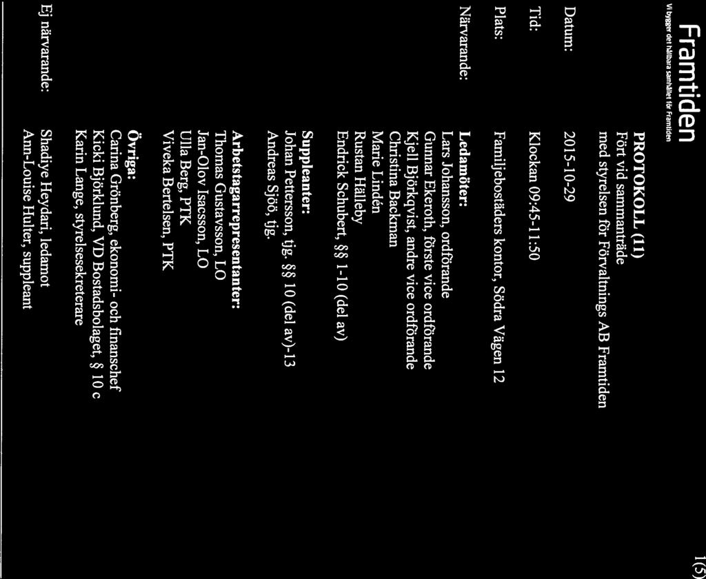 Framtiden Vi byger det hllibara samhallet för Framtiden 1(5) Datum: 2015-10-29 PROTOKOLL (11) Fört vid sammanträde med styrelsen för Förvaltnings AB Framtiden Tid: Klockan 09:45-11 :50 Plats: