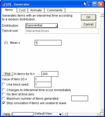V 1 2 Generator detta block genererar kunder till systemet. Om vi öppnar den så ser den ut på följande sätt: Här kan vi välja fördelning för kundankomsterna, dvs, ankomstintervallen.