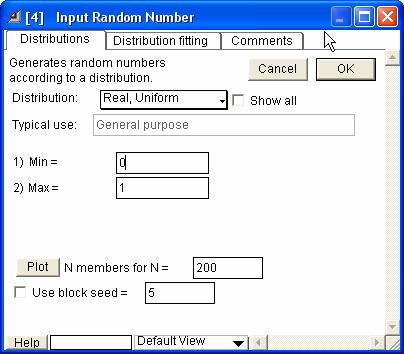 Rand Input Random Number, Detta block är kopplad till Activity Multiple och talar om för den vilken fördelning betjäningstiden ska följa.