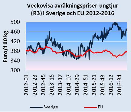 Det svenska avräkningspriset omräknat till euro var 33,1 euro/100 kg i november 2016, vilket var 1 procent högre än i november 2015.