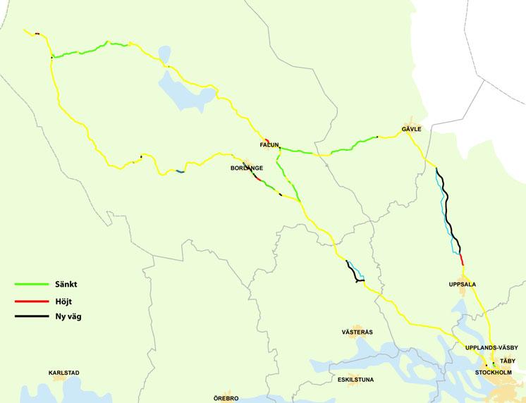 Figur 12-3. Vägvalseffekter Stockholm Sälen Teoretiskt beräknade restider och kostnader har genomförts på Rv 70 Borlänge, Lv 226 Falun och E4 Gävle som redovisas i tabell 12-3 nedan.