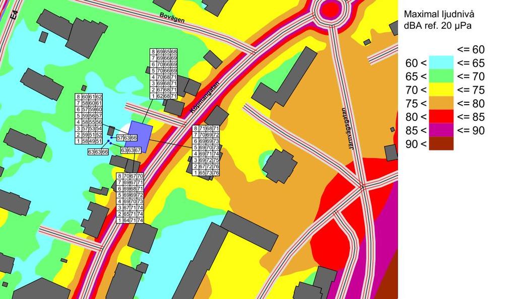 Bild 7. Ljudutredningskarta 2 m över mark och högsta ljudnivå intill fasad på ett exempelhus (för prognosår 2040) med bullerskyddsskärm längs E4.