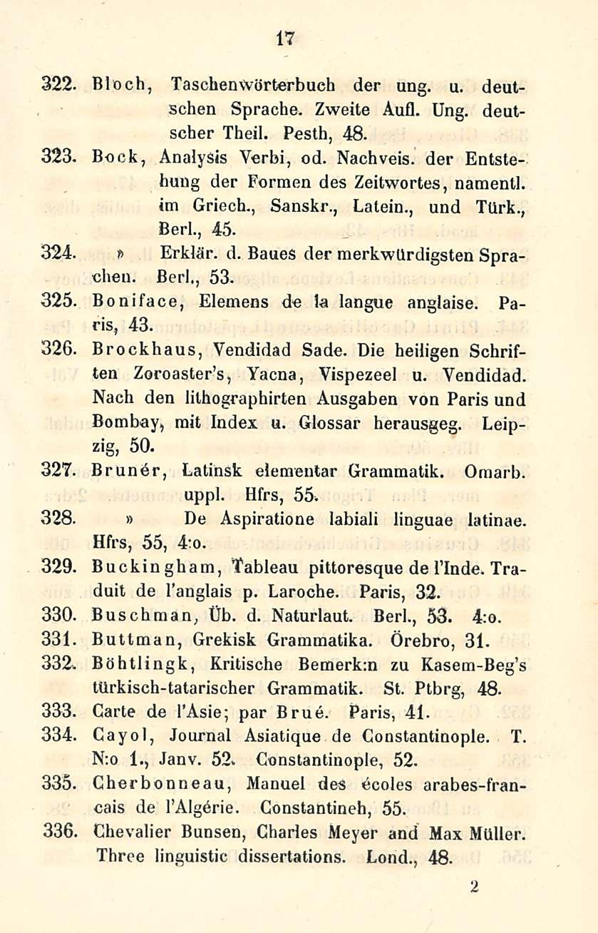 17 322, Bloch, TaschenWörterbuch der ung. u. deutschen Sprache. Zweite Aufl. Ung. deutscher Theil. Pesth, 48. 323. Bock, Analysis Verbi, od. Nachveis.