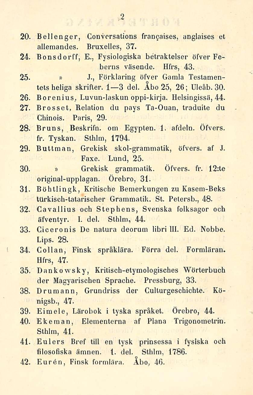 2 26. 27. 20. Bellenger, Conversations francaises, anglaises et allemandes. Bruxelles, 37. 24. Bonsdorff, E., Fysiologiska betraktelser öfver Feberns väsende. Hfrs, 43. 25. J.
