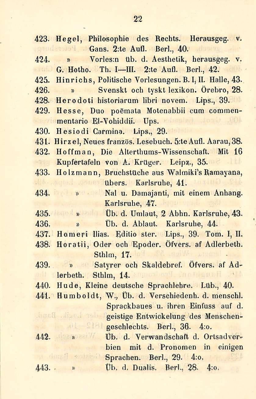 22 423. Hegel, Pbilosophie des Rechts. Herausgeg. v. Gaos. 2;te Aufl. Berl., 40. 424. Vorlesm tlb. d. Äesthetik, herausgeg. v. G. Hotho. Th. I III. 2:le Auli. Berl., 42. 425.